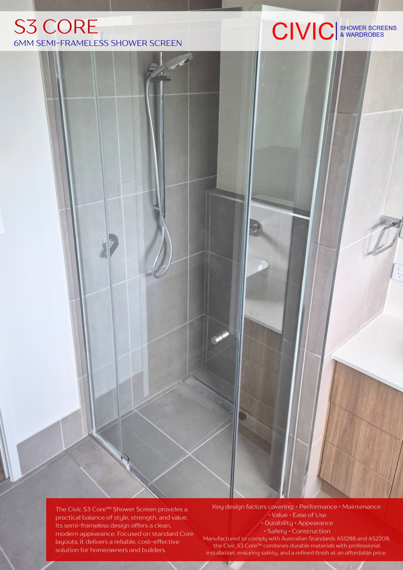 S3 Core 6mm Semi-Frameless Shower Screen